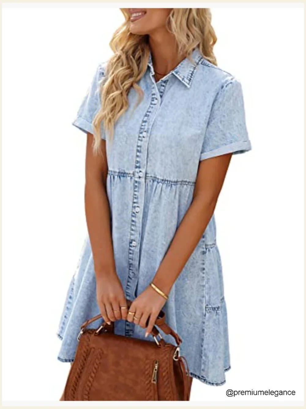 Short Sleeve Button Down Flowy Tiered Babydoll Denim Dress Casual - Picture 2 of 7